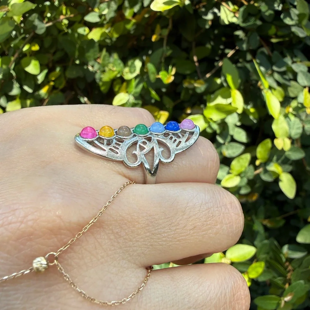 Multi-Gemstone Silver Tone Chakra Ring - Picture 7 of 7